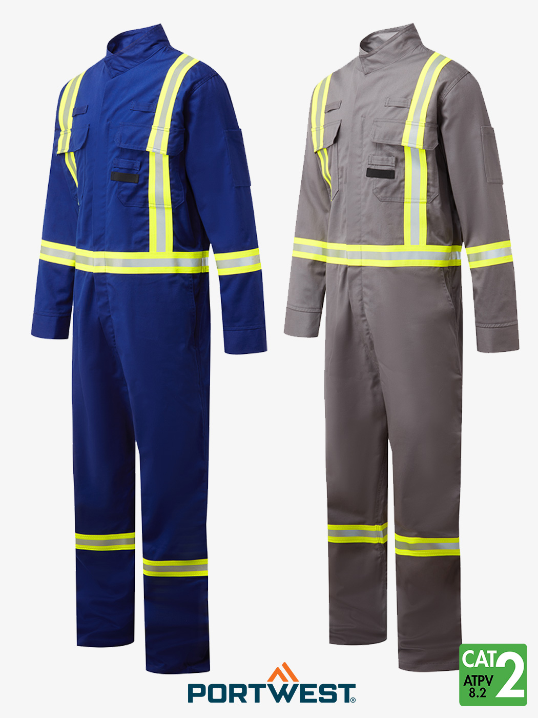 Bizflame-88-12-X-Back-Iona-Xtra-Flame-Resistant-FR-coverall-royal-blue-grey-angled-view Bizflame® 2” High-Vis Iona Xtra FR Coverall - FR511