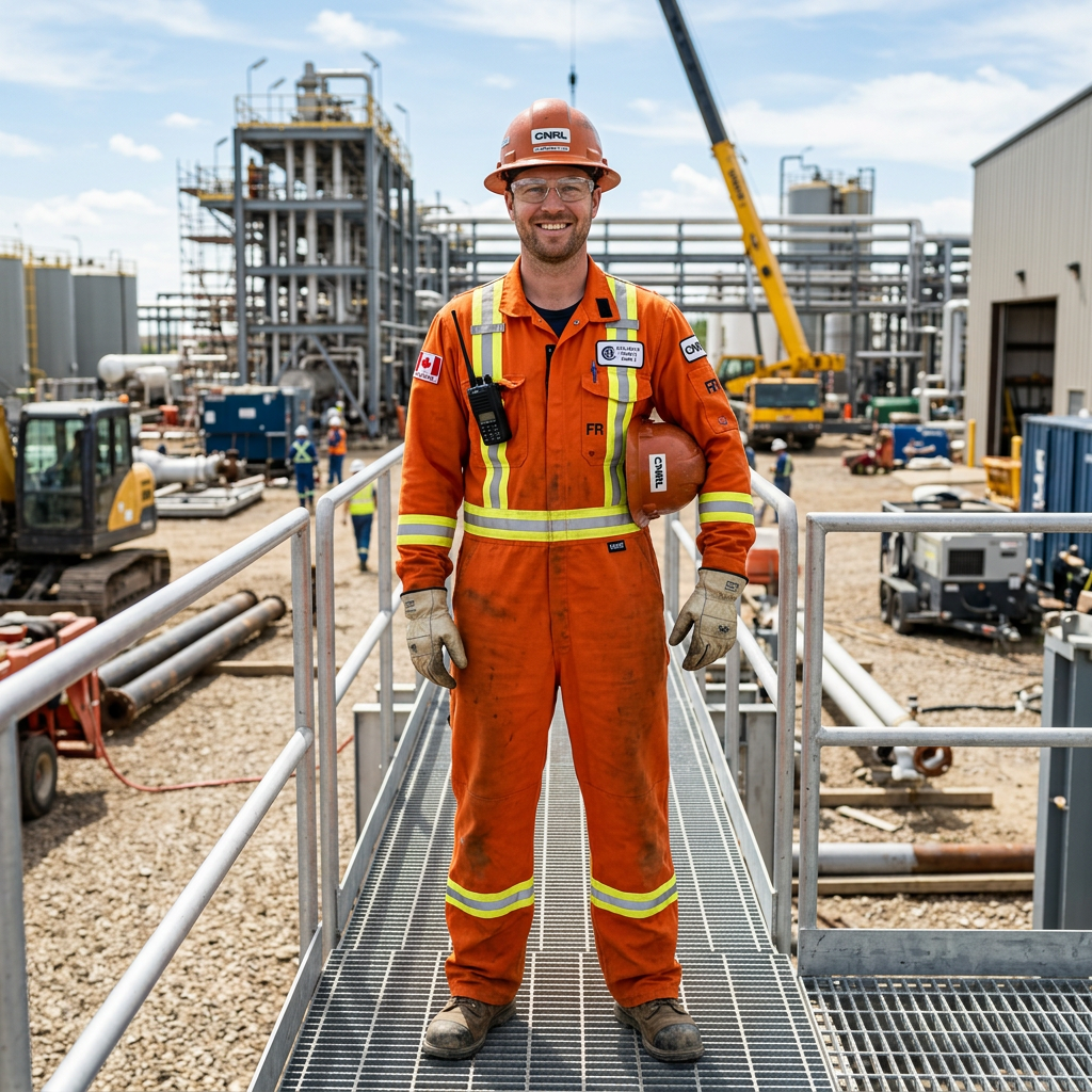 A worker wearing orange CSA approved FR coveralls with reflective strips in Canada