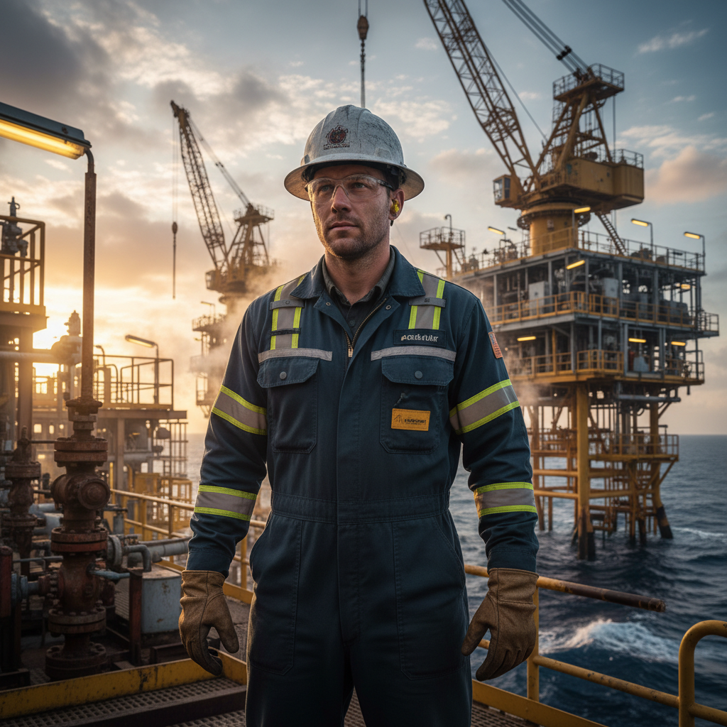Oil and gas worker wearing high-visibility flame-resistant coveralls