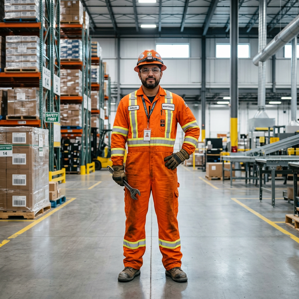 Industrial worker wearing orange flame-resistant coveralls with reflective stripes